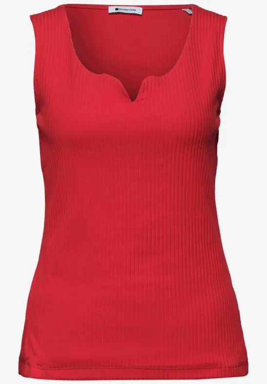 Rotes ärmelloses Top mit Rippstruktur und V-förmigem Ausschnitt.