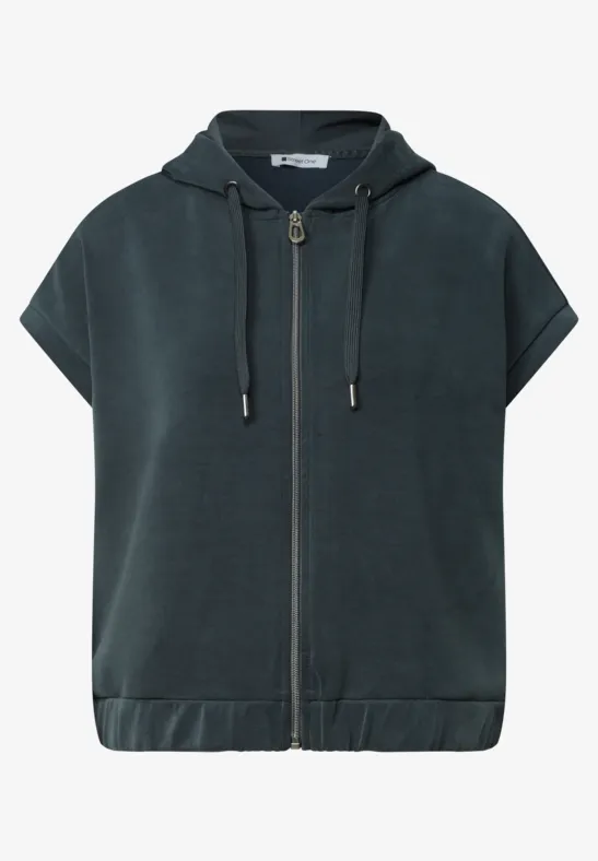 Donkergrijze korte mouw-hoodie met rits, capuchon en koordsluiting.