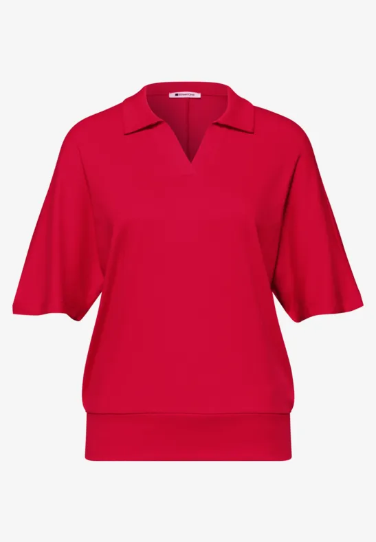 Rood kortarm T-shirt met V-hals, kraag en brede boord