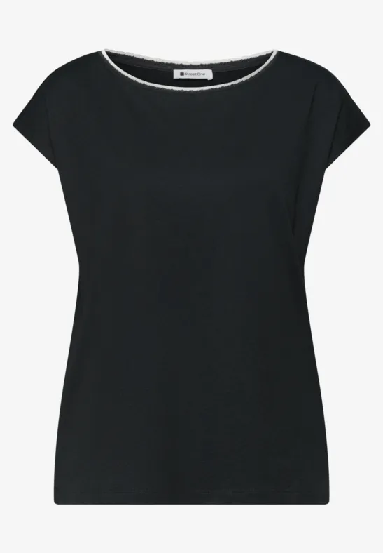 Schwarzes kurzärmeliges Damenoberteil mit weiter Rundhals-Form, schlicht.