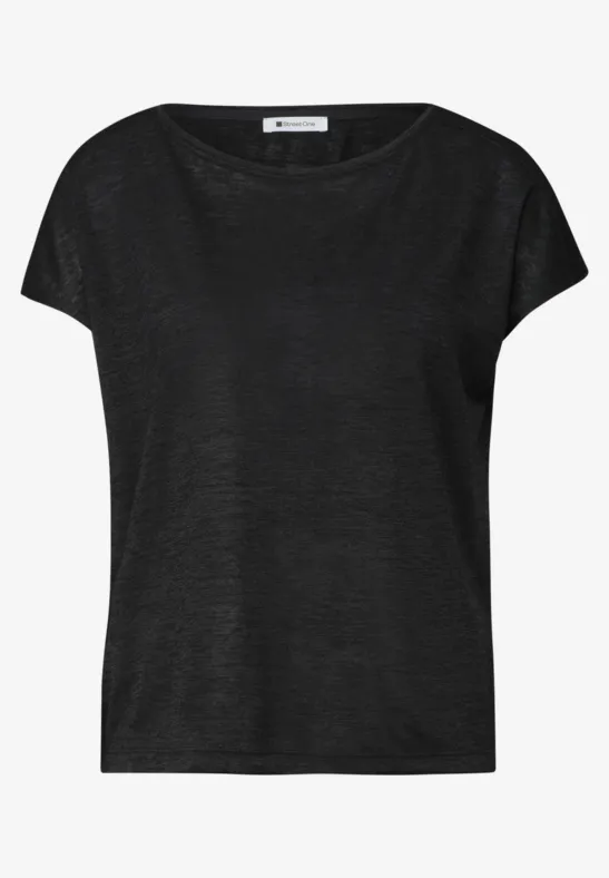 Schlichtes schwarzes T-Shirt mit kurzen Ärmeln und Rundhalsausschnitt.