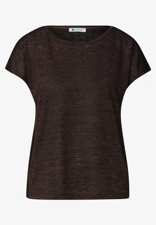 Dunkelbraunes, kurzärmeliges Shirt mit Rundhalsausschnitt und lockerem Schnitt.