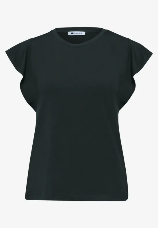 Zwart dames-T-shirt met korte, licht uitlopende mouwen en ronde hals.