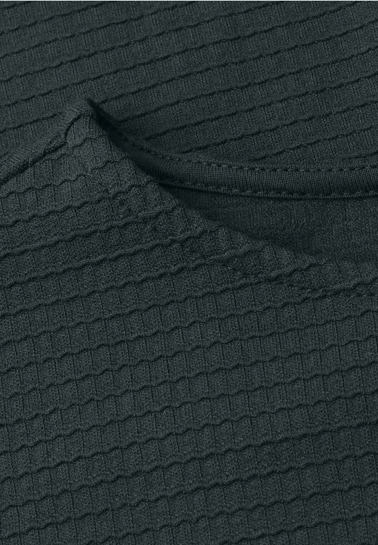 Close-up van een zwarte stof met wafelstructuur, detail van een naad of zak.