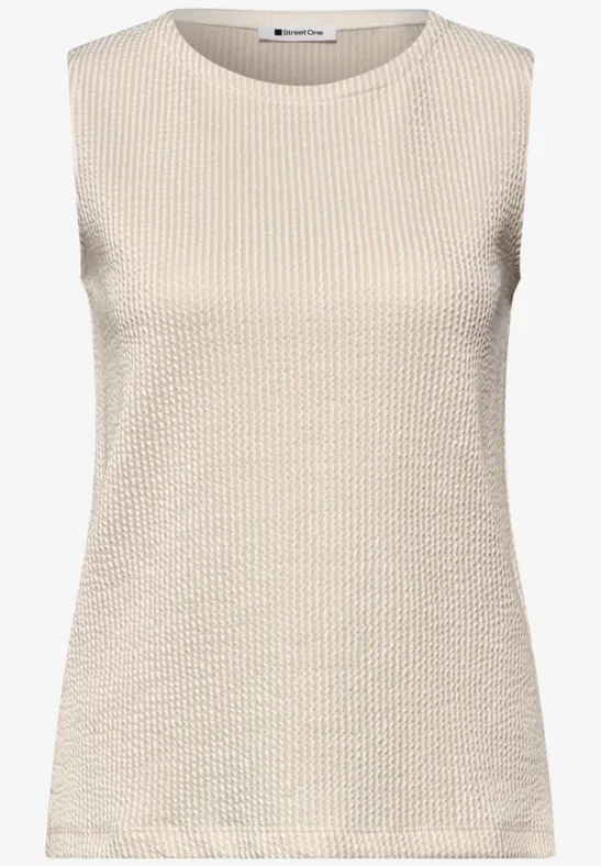 Mouwloos beige topje met fijne, gestructureerde gebreide look.