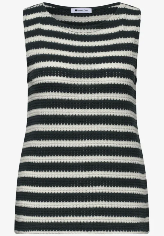 Top sans manches rayé noir et blanc en maille crochetée