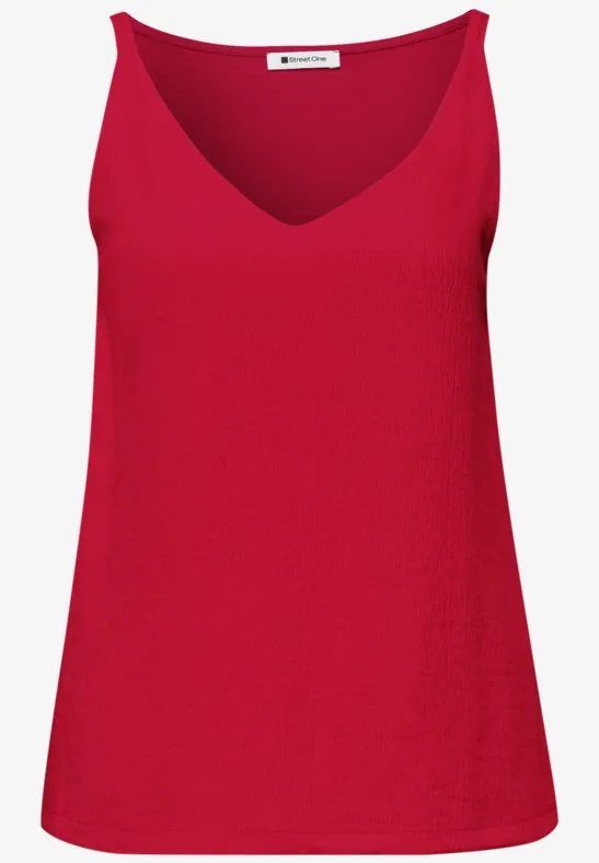 Rode dames top zonder mouwen met V-hals.