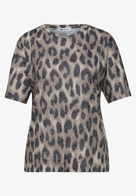 Beiges Kurzarmshirt mit schwarzem Leopardenmuster