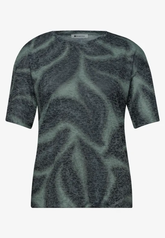 Dunkelgrünes Damen-T-Shirt mit kurzem Ärmel und abstraktem, geschwungenem Muster.