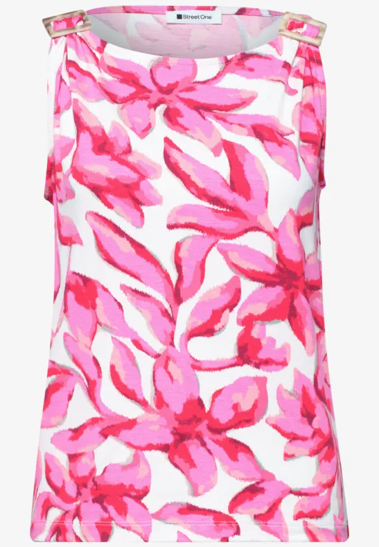 Ärmelloses Top mit pink-weißem, großem Blumenmuster.