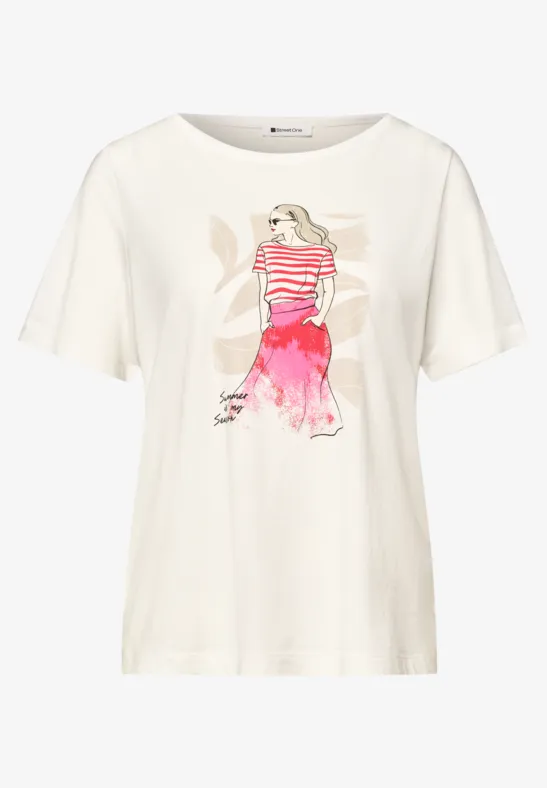 Wit T-shirt met illustratie van een vrouw in rood-wit gestreepte top en roze rok