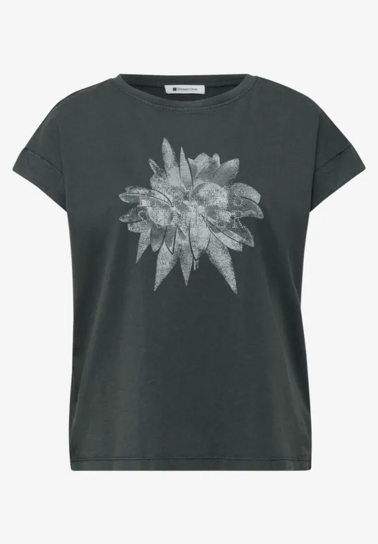 Dunkelgraues, kurzärmeliges Damen-T-Shirt mit großem, weißem Blumenmotiv auf der Vorderseite.