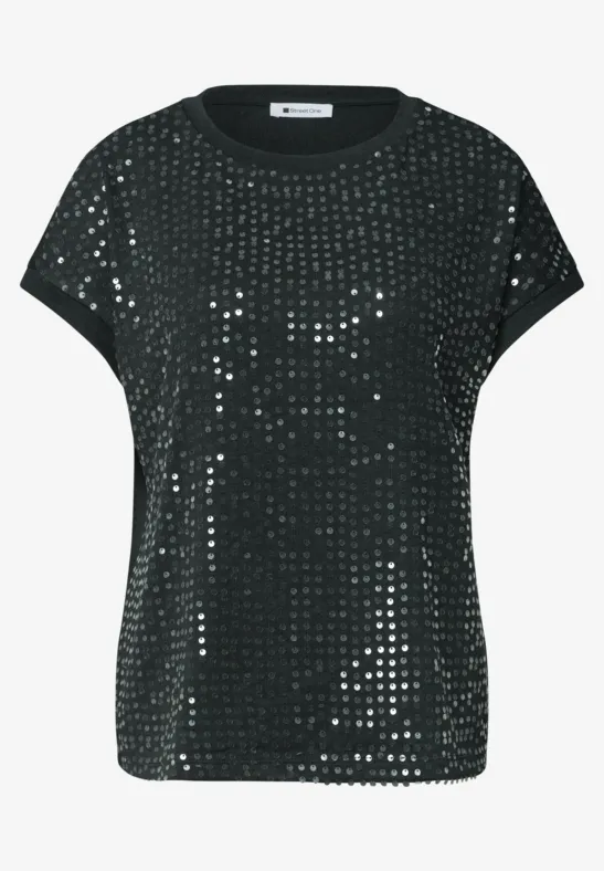 T-shirt noir à manches courtes et encolure ronde, entièrement orné de sequins brillants.