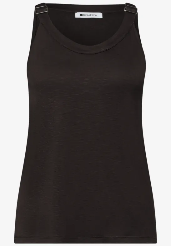 Een effen zwart mouwloos topje met ronde hals.