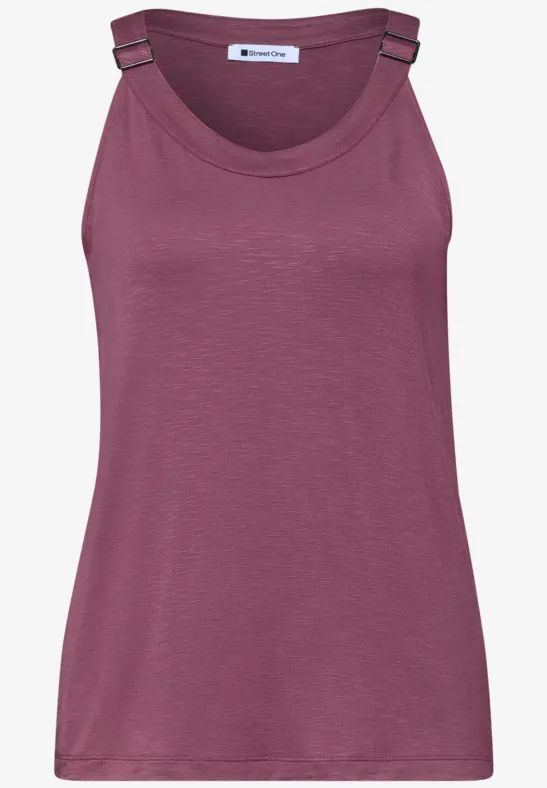 Ärmelloses Top in Bordeaux mit Rundhalsausschnitt und dekorativen Schulterriemen.