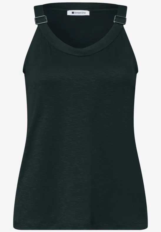 Zwart dames mouwloos topje met verstelbare bandjes en een ronde hals.