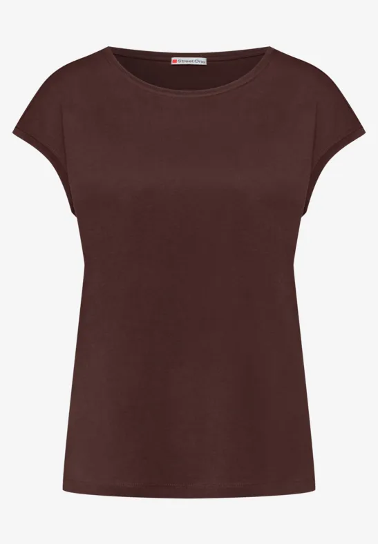 Un t-shirt femme marron uni à col rond et manches courtes.