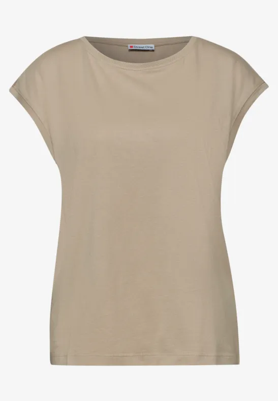 Beiges Damen T-Shirt mit Rundhalsausschnitt und kurzen Ärmeln.