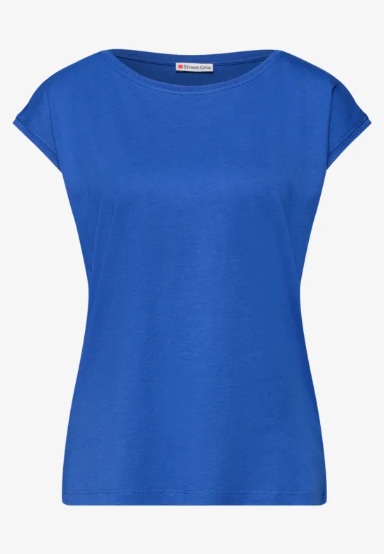 Eenvoudig helderblauw dames-T-shirt met korte mouwen en ronde hals.