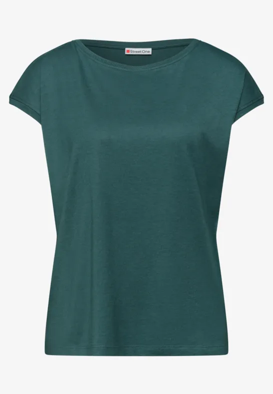 Donkergroene dames T-shirt met korte mouwen, losse pasvorm en ronde hals.