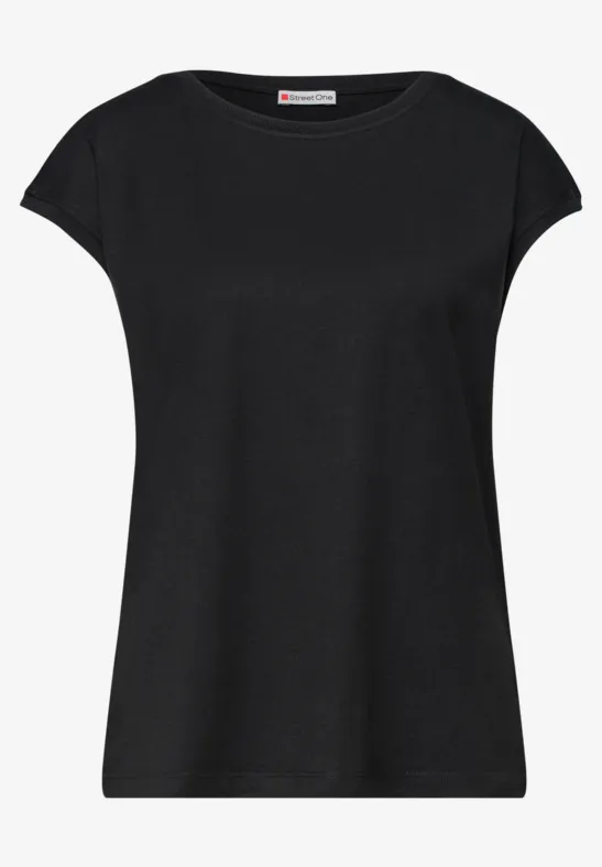 Een eenvoudig zwart dames-T-shirt met ronde hals en korte mouwen.