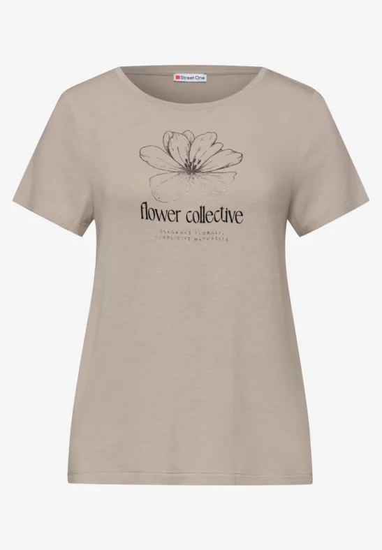Beiges Damen-T-Shirt mit zarter Blütenzeichnung und Schriftzug "flower collective".