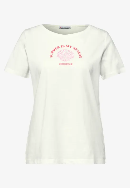 Wit dames-T-shirt met ronde hals, korte mouwen en roze opdruk ter hoogte van de borst.