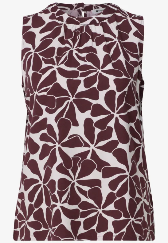 Ärmelloses Top in Weiß mit dunkelrotem, abstraktem Blumenmuster