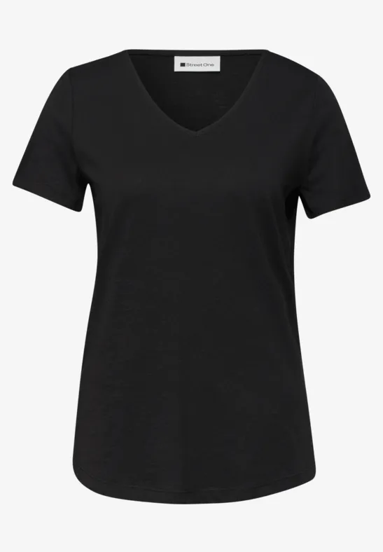 Zwart V-hals T-shirt van katoenmix met korte mouwen en een licht getailleerde pasvorm.