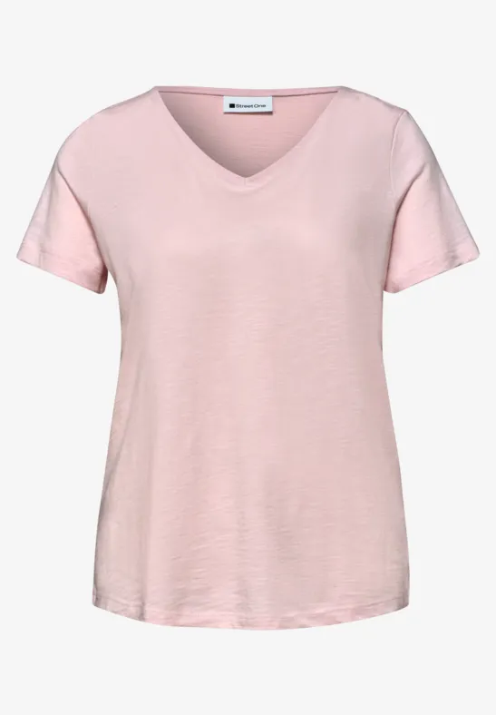 Hellrosa V-Ausschnitt T-Shirt aus leichtem Stoff, kurzärmelig und locker geschnitten.