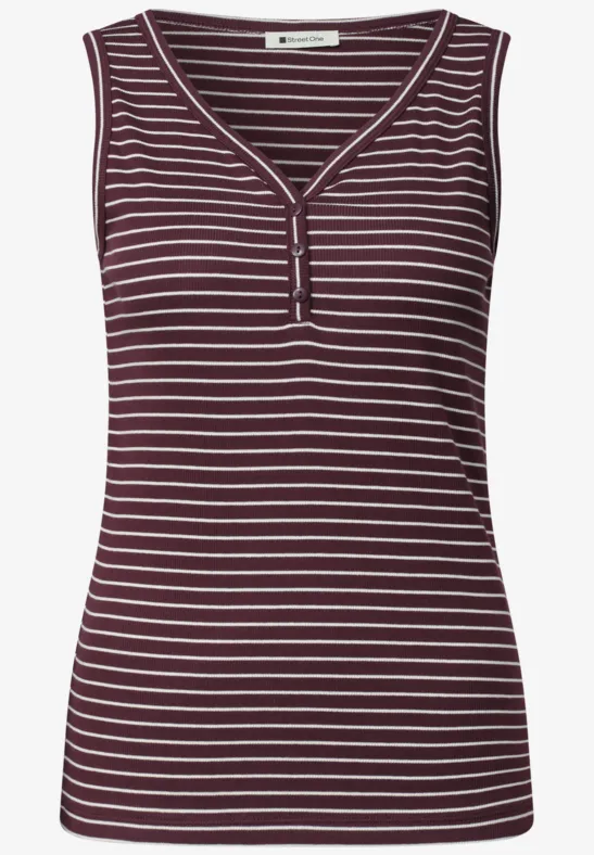 Ärmelloses Damen-Top mit V-Ausschnitt und burgund-weiß gestreiftem Muster.