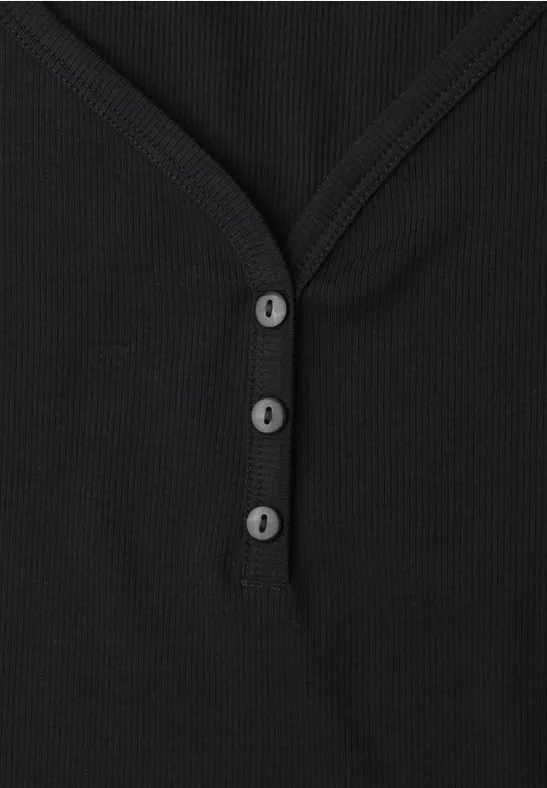 Schwarzes, geripptes Langarmshirt mit V-Ausschnitt und drei Knöpfen