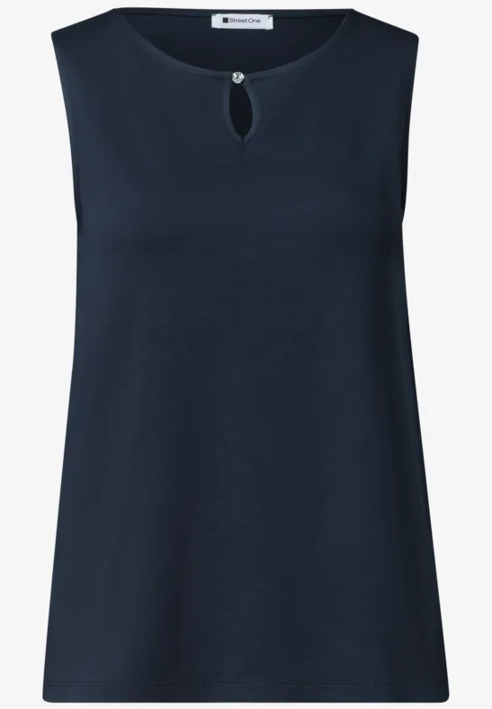 Mouwloze dames top in donkerblauw, ronde hals met klein keyhole-detail en knoop.