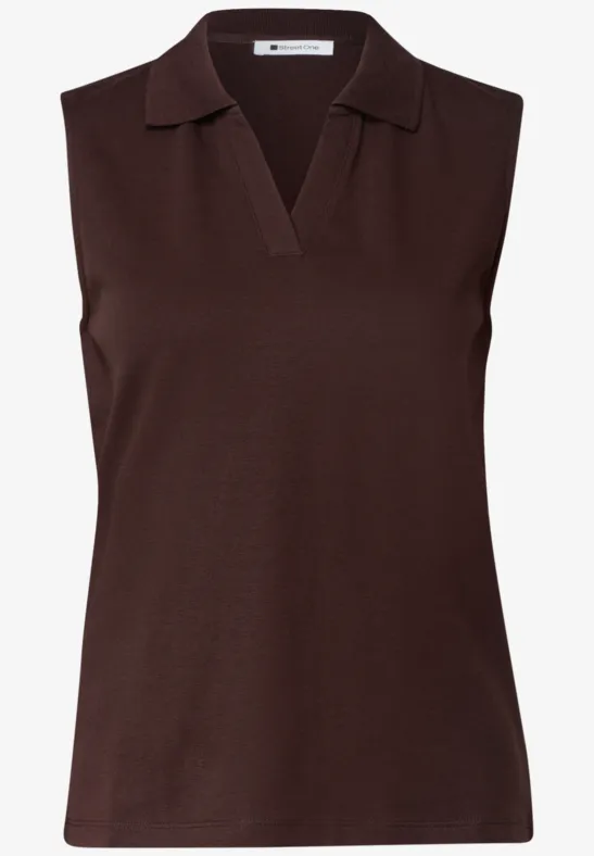Bruin dames poloshirt zonder mouwen, klassieke kraag en V-hals.