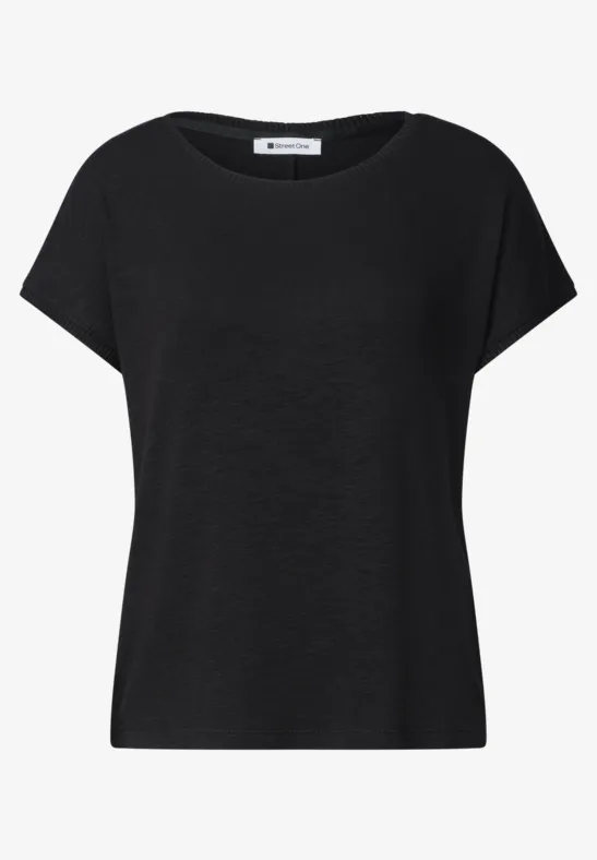 Effen zwart dames-T-shirt met korte mouwen en ronde hals.