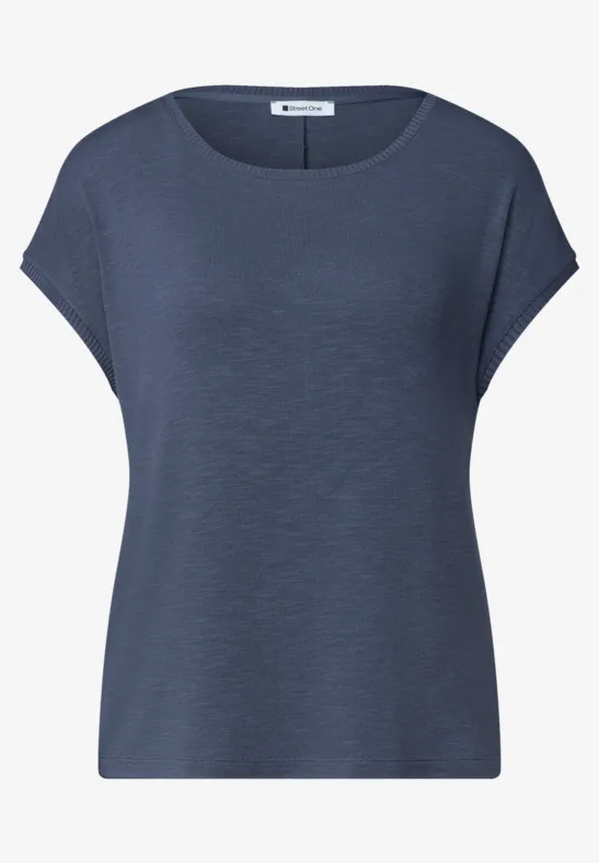 Damen-T-Shirt in Marineblau mit kurzen Ärmeln und rundem Ausschnitt.