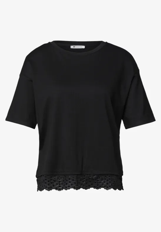 Zwarte dames T-shirt met korte mouwen en sierlijke kanten zoom