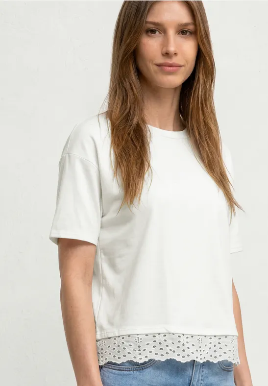 Vrouw draagt wit T-shirt met korte mouwen en opvallende kanten rand aan de onderkant.