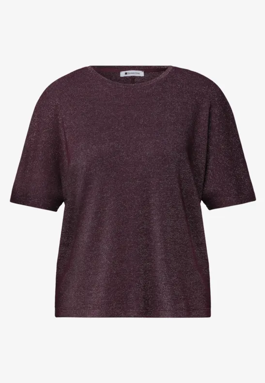 Ein schlichtes, kurzärmeliges, dunkelviolettes Damen-T-Shirt mit Rundhalsausschnitt.