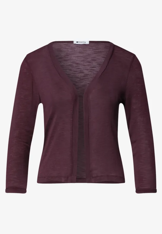 Damenstrickjacke in dunklem Burgunderviolett mit V-Ausschnitt und drei Viertel Ärmeln