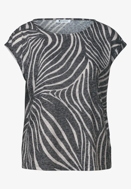 Dames T-shirt met korte mouwen en abstract zebrapatroon in zwart en wit.