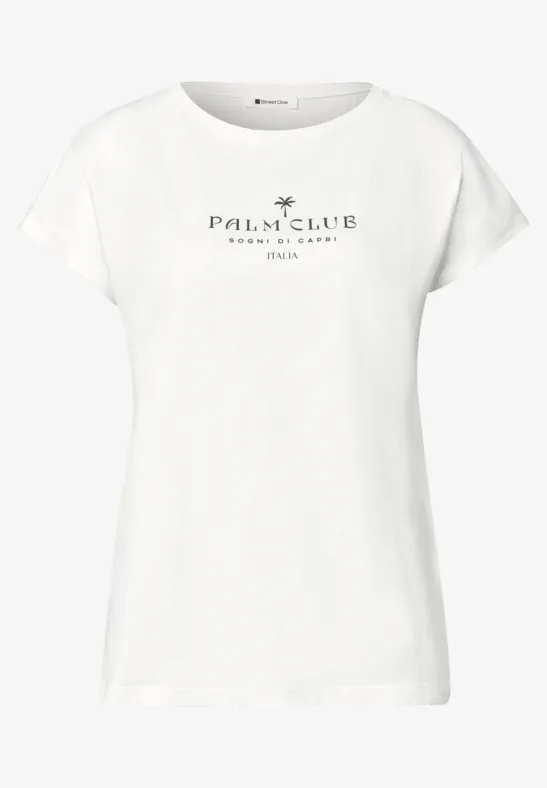 Wit dames-T-shirt met korte mouwen en Palm Club-opdruk met palmboom op de borst.