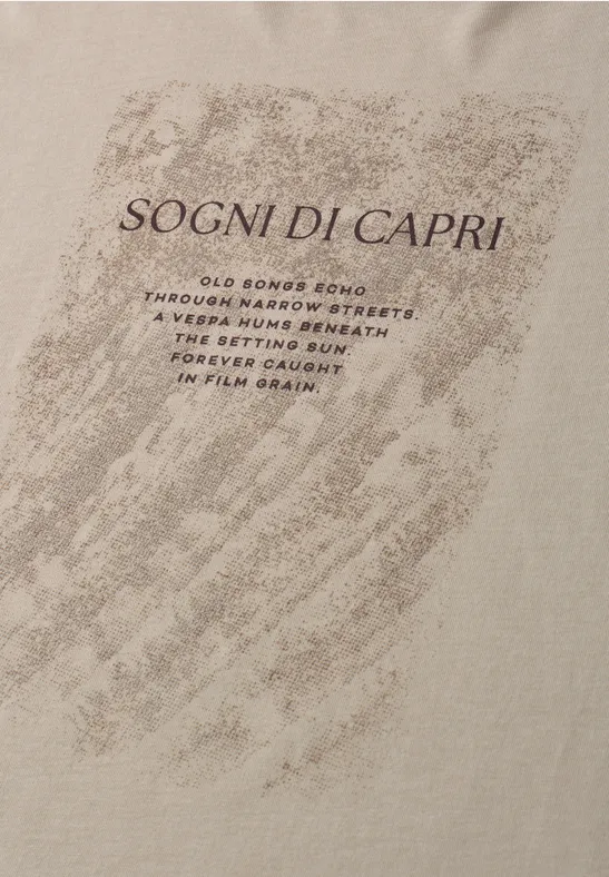 Beiges T-Shirt mit grauem Pinselstrich und dem Aufdruck 'SOGNI DI CAPRI'.
