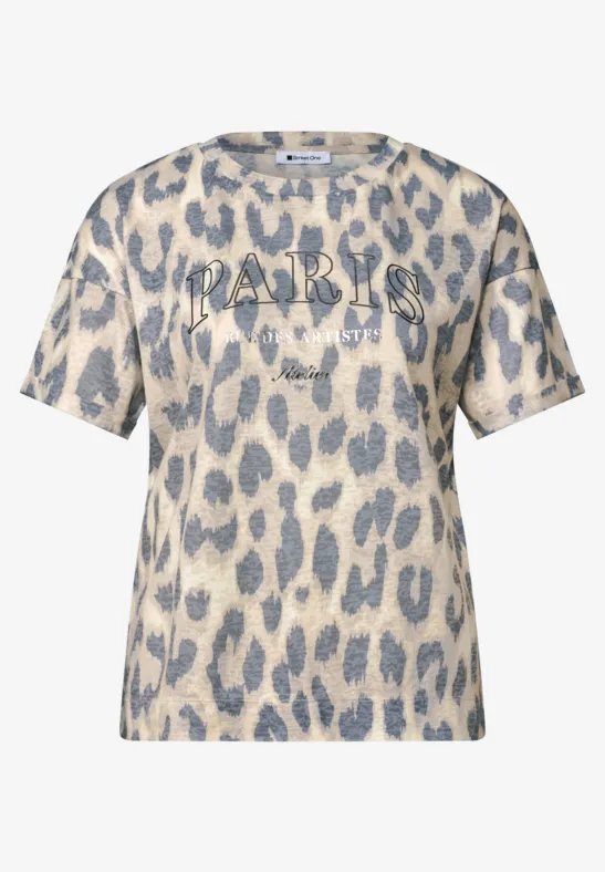 Beige T-shirt met grijze luipaardprint en opschrift 'PARIS 1978'