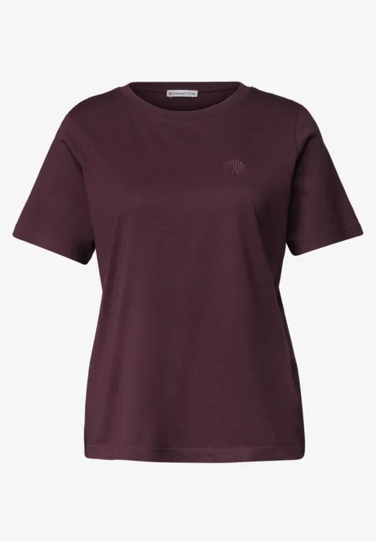 Dunkelviolettes, schlichtes T-Shirt mit kurzen Ärmeln und rundem Ausschnitt.