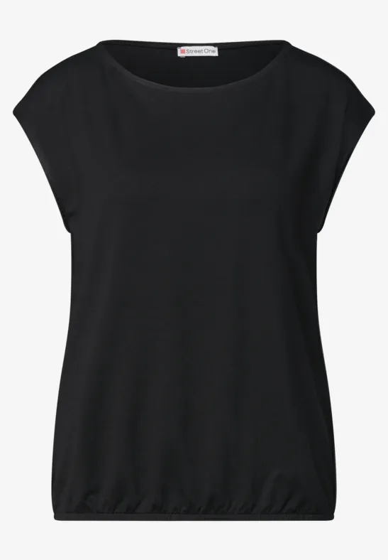 Schwarzes Damen-T-Shirt mit überschnittenen Ärmeln, Rundhalsausschnitt und elastischem Saum.