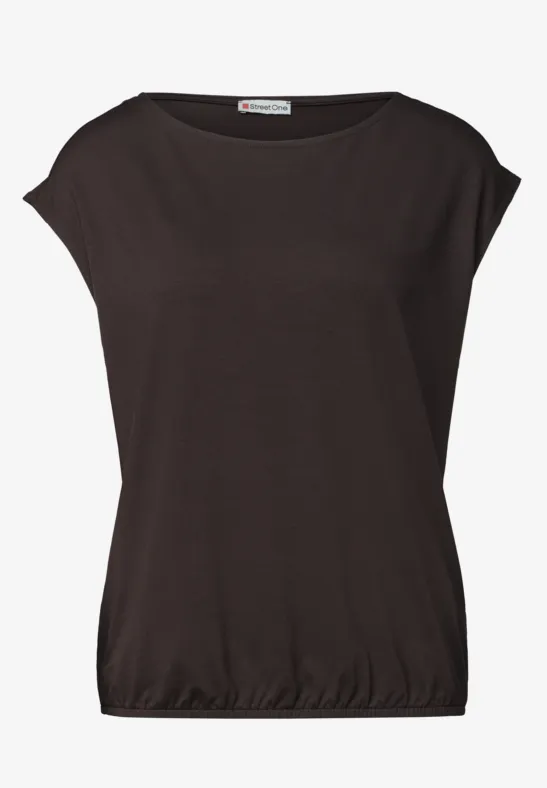 Schwarzes T-Shirt mit Cap-Ärmeln, Rundhalsausschnitt und elastischem Saum.