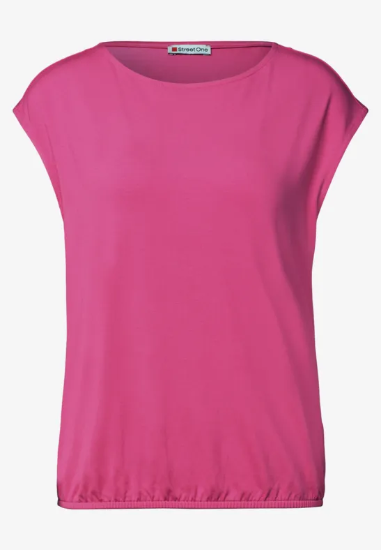 Roze dames top met korte mouwen, ronde hals en elastische zoom.