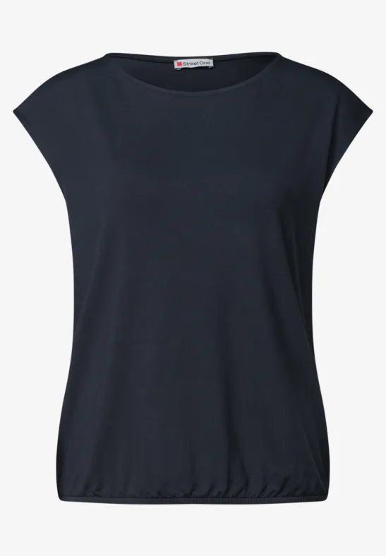 Dunkelblaues, ärmelloses Damen-Shirt mit weitem Rundhalsausschnitt und elastischem Saum.