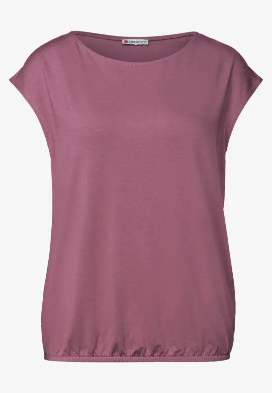 Dames top in paarse kleur met korte mouwen, ronde hals en geplooemde zoom.